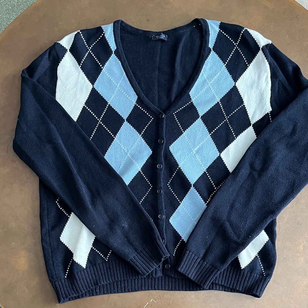 Brandy Melville Navy and Light Blue Argyle Cardigan